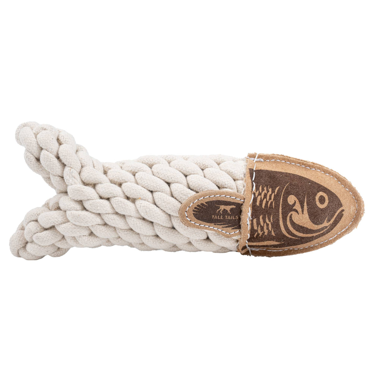 Tall Tails Crunch Fish dog toy with a braided cotton body and leather head