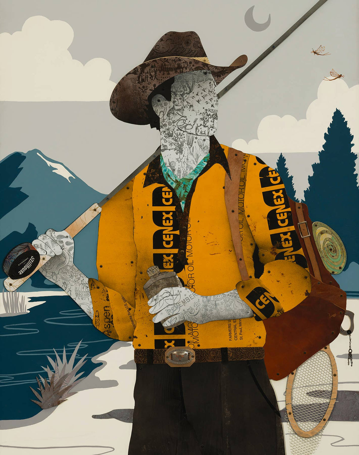 Dolan Geiman Whiskey in the Wind Art Print – fly fisherman in a yellow shirt holding a flask beside a mountain river