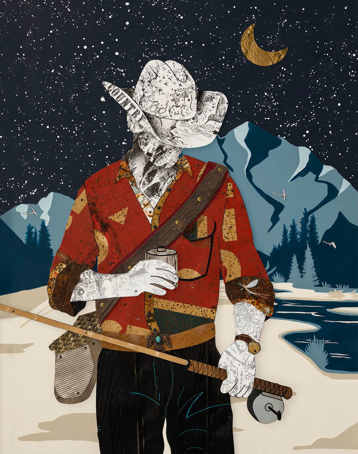 Dolan Geiman Fly and Flask Art Print – fly fisherman in a red shirt beneath a starry mountain sky