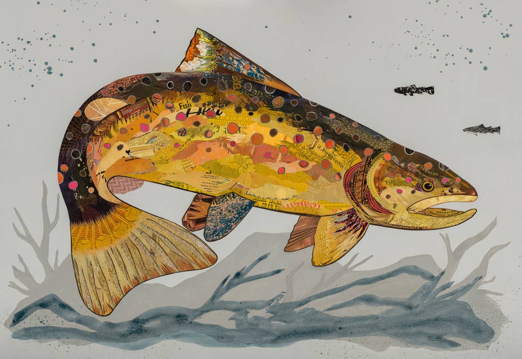 Dolan Geiman Frying Pan Brown Trout Art Print – golden brown trout collage above flowing water