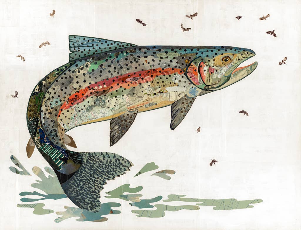 Dolan Geiman Rainbow Trout, II Art Print – rainbow trout leaping above water in a paper-collage composition