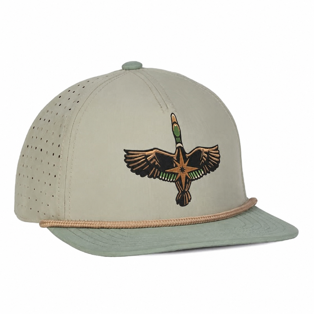 Covebourne Mallard Hat in Fog and Sea Spray with rope detail and embroidered mallard and Bourne Mark artwork.
