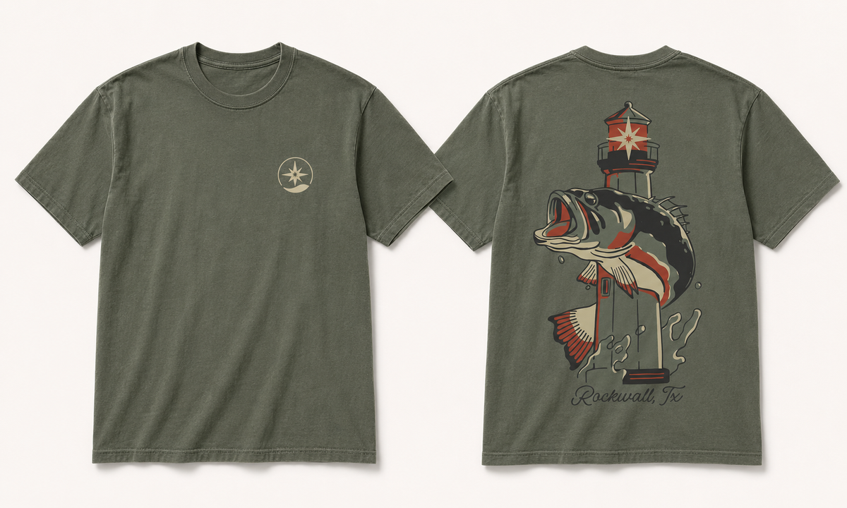 Covebourne Rockwall Tee in Moss, front and back mockup with cream chest icon and bass and lighthouse artwork.