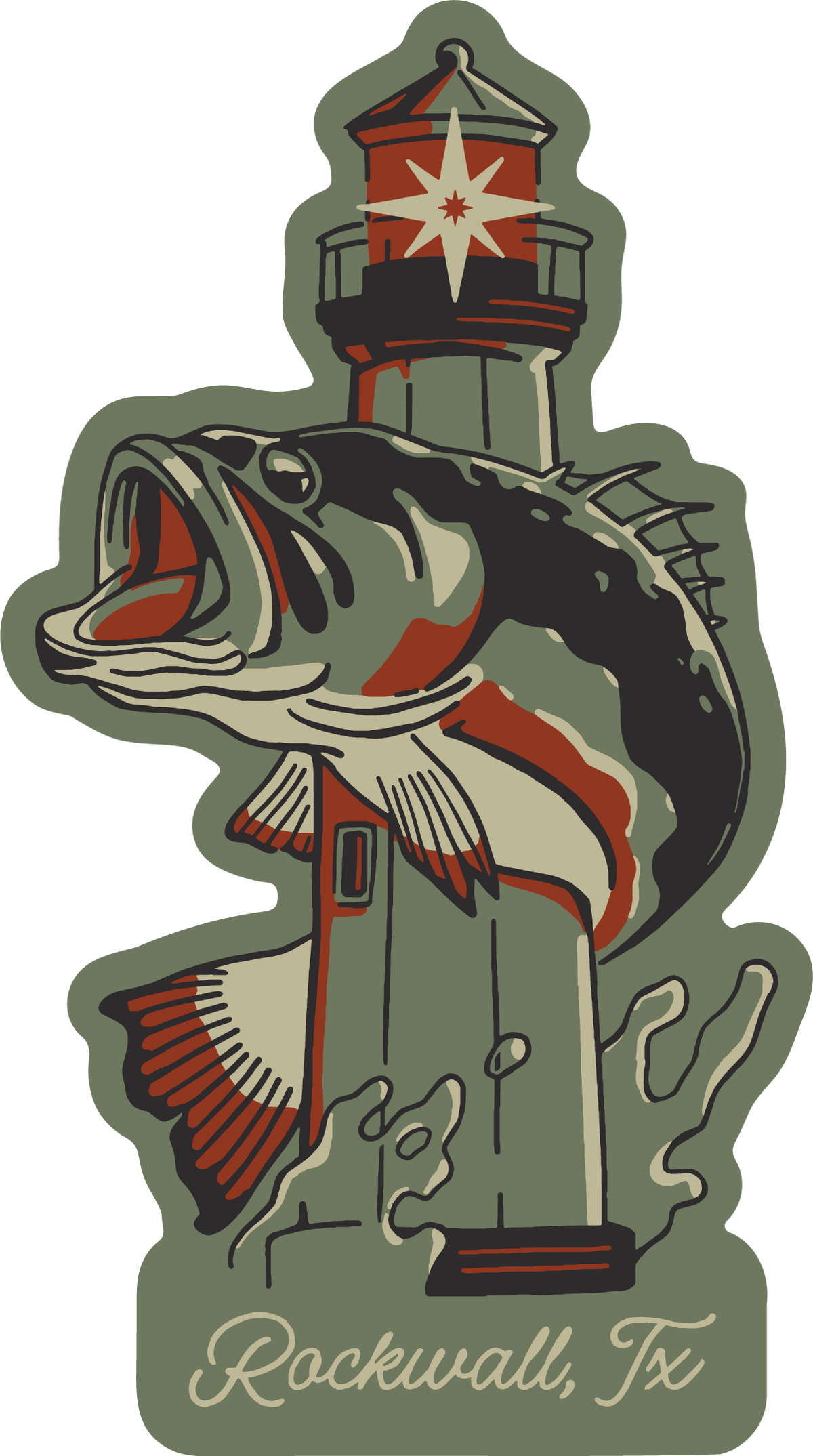 Covebourne Rockwall sticker with a bass, lighthouse, and Rockwall Texas lettering