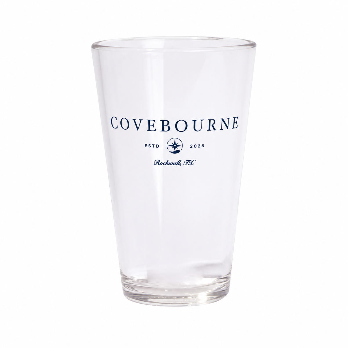 Covebourne Silipint 16 oz Crystal Clear cup with navy logo — product mockup