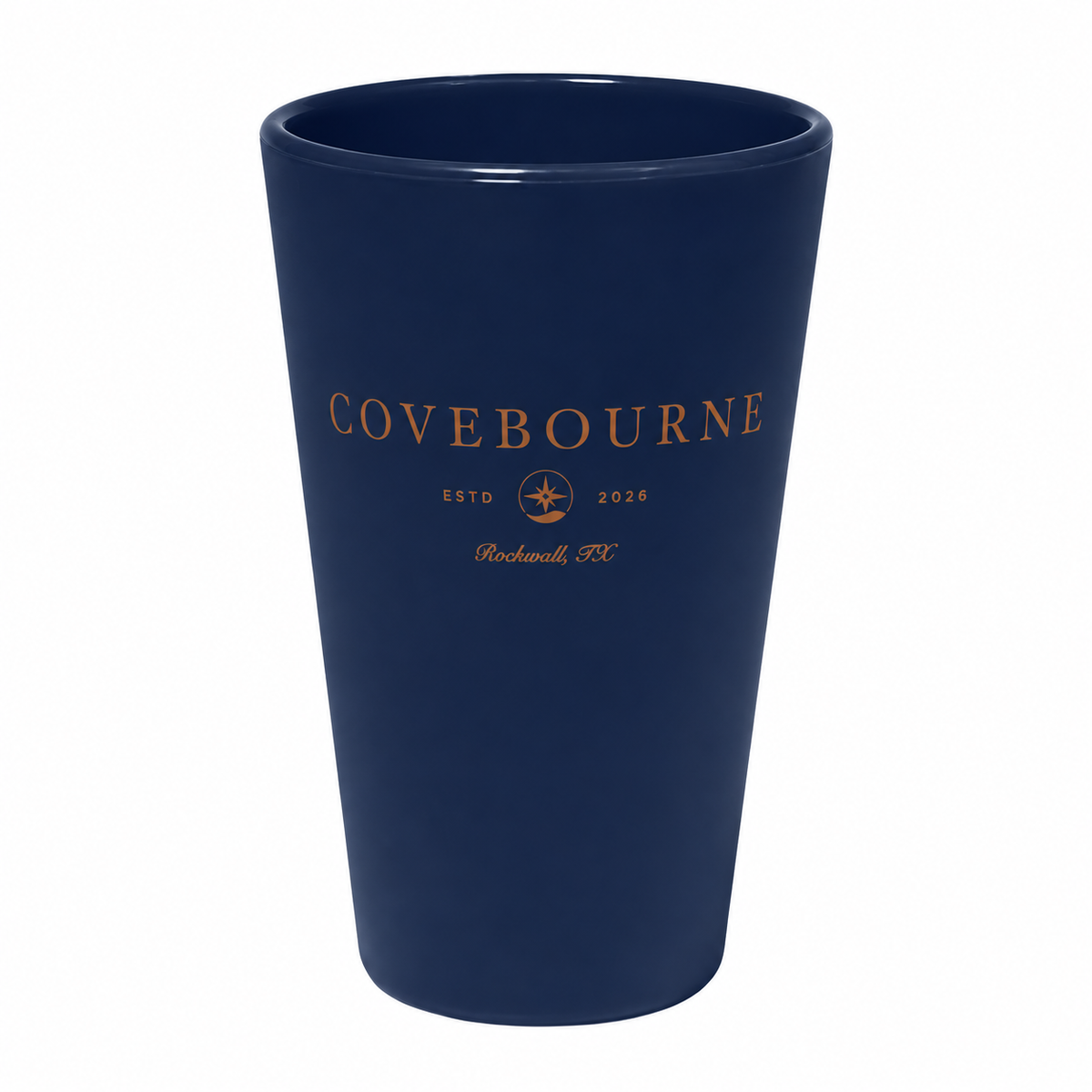 Covebourne Silipint 16 oz Classic Navy cup with copper logo — product mockup