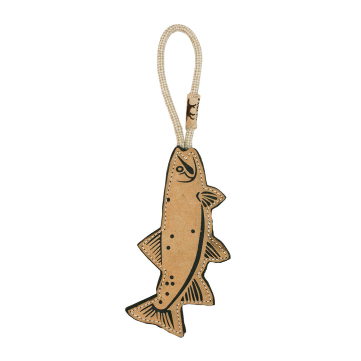 Tall Tails leather trout dog toy with cotton rope handle