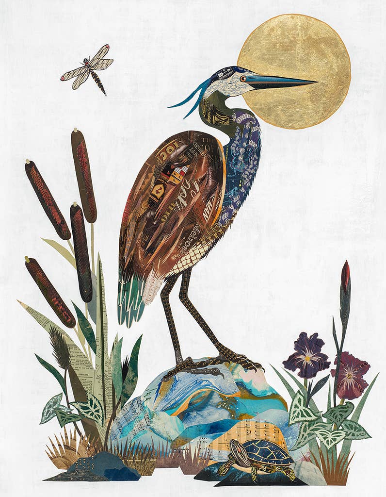 Dolan Geiman River Saint Art Print – heron among cattails and flowers beneath a golden moon