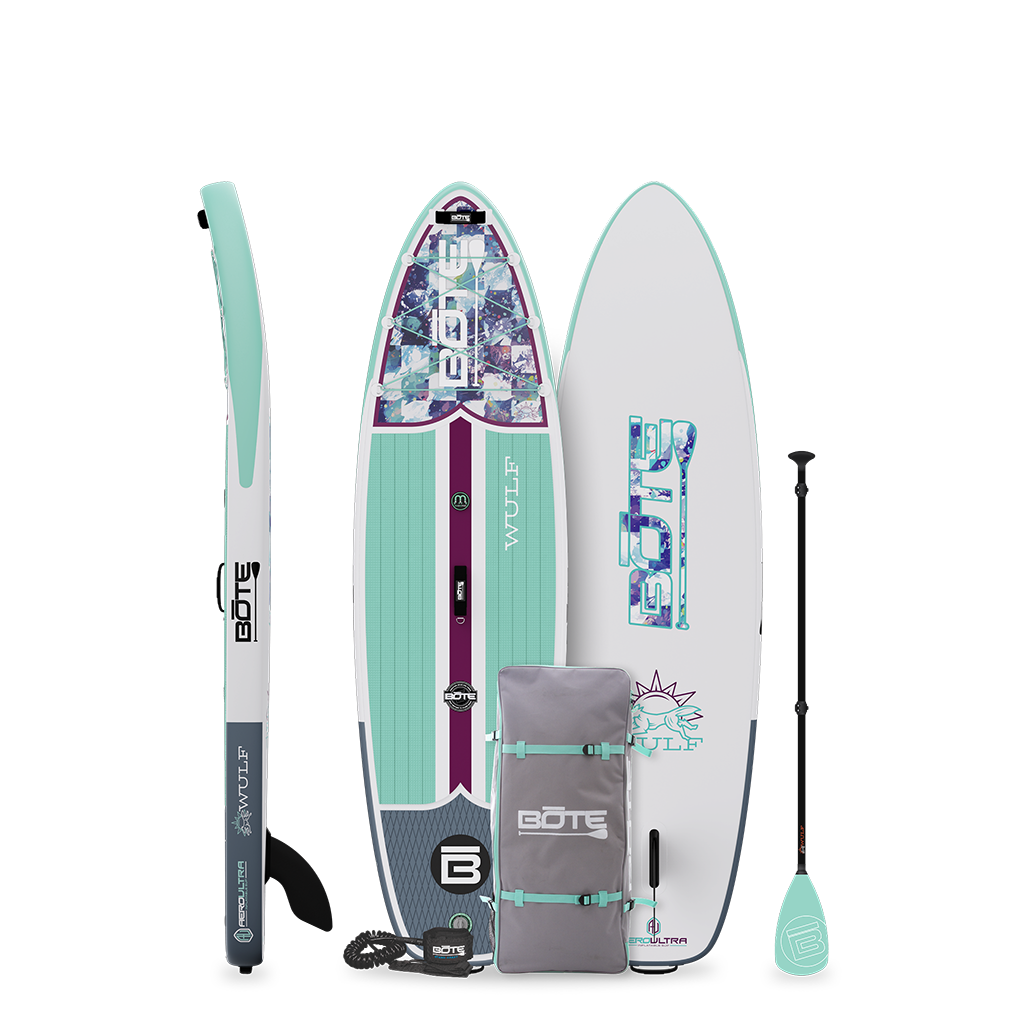 BOTE WULF Aero 10'4 inflatable paddle board in Native Glacier with paddle and travel bag