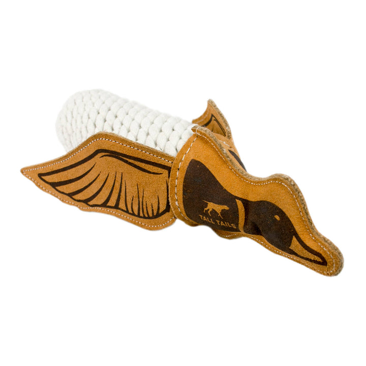 Angled view of the Tall Tails Quacker rope tug toy with leather duck head and wings
