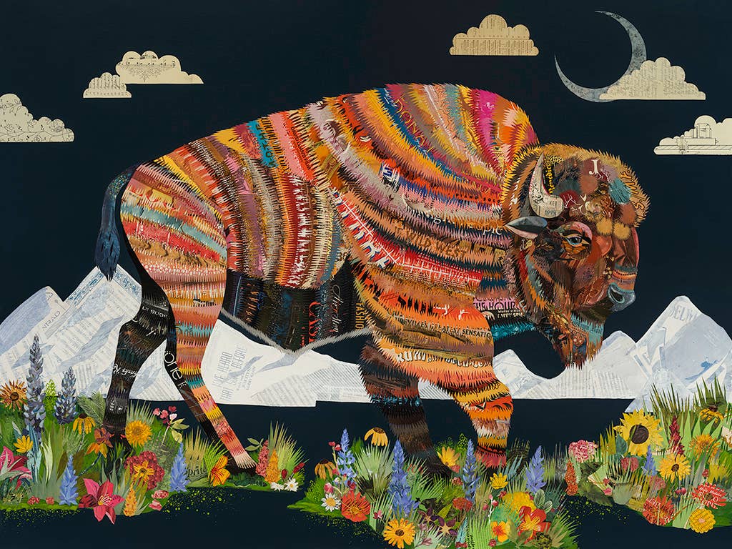 Dolan Geiman This Quiet Place Forever Art Print – colorful bison among flowers with mountains and a crescent moon