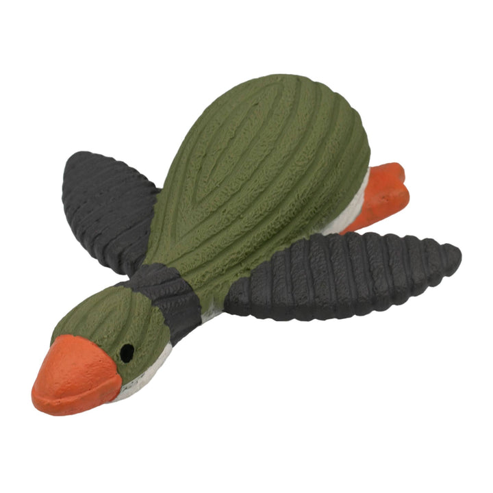 Angled view of the Tall Tails green and orange latex duck squeaker toy