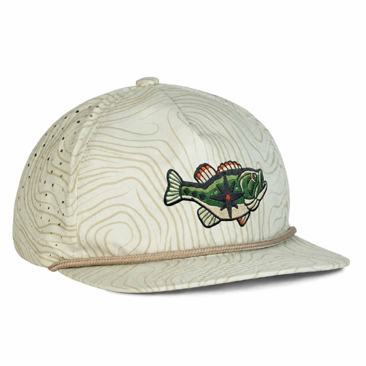 Covebourne Bass Hat in Coastal Sand with topographic pattern, rope detail and embroidered bass artwork.