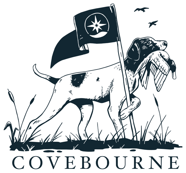 Covebourne Heritage sticker depicting a sporting dog carrying a compass flag above the Covebourne wordmark