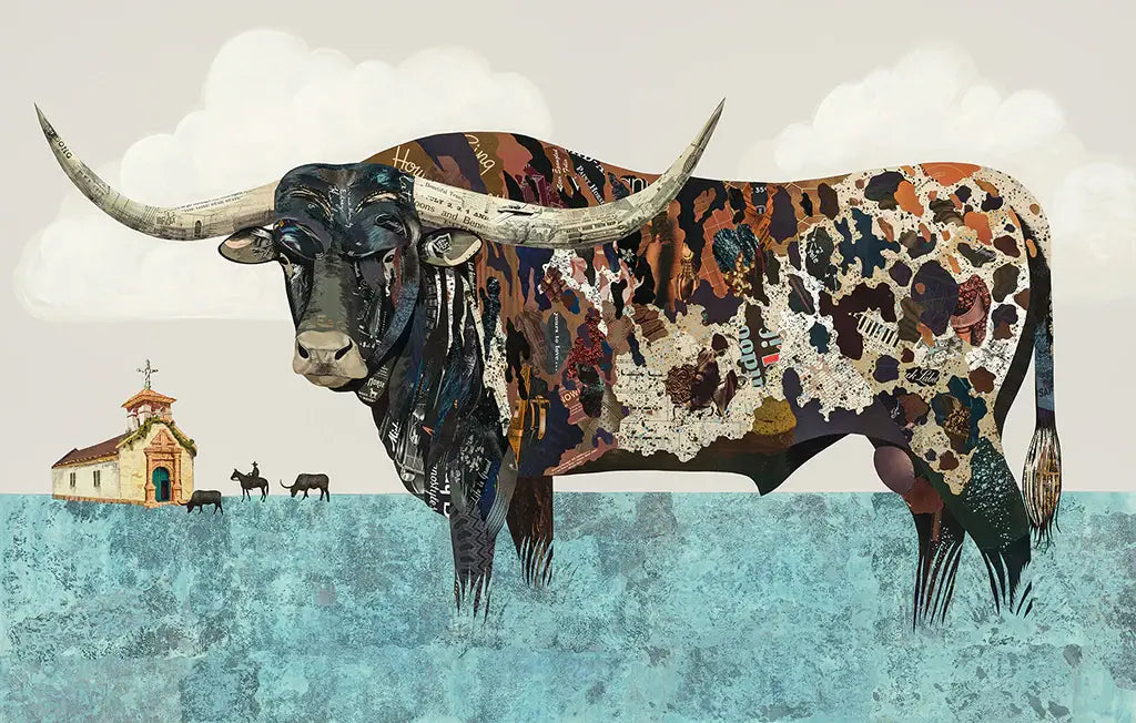 Dolan Geiman Pecos Dust Art Print – Texas longhorn in a blue field beneath pale clouds