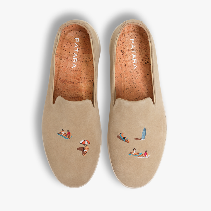 Patara Coastline Beacon in tan suede, top view showing coastal embroidery