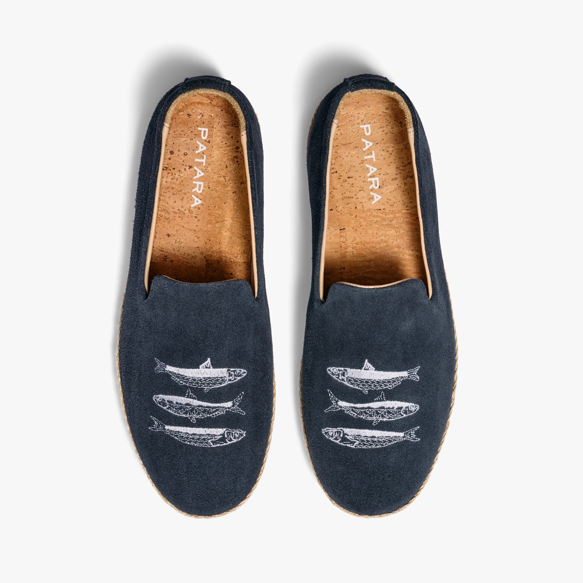 Patara Fish Smoking Slipper in navy suede, top view showing fish embroidery